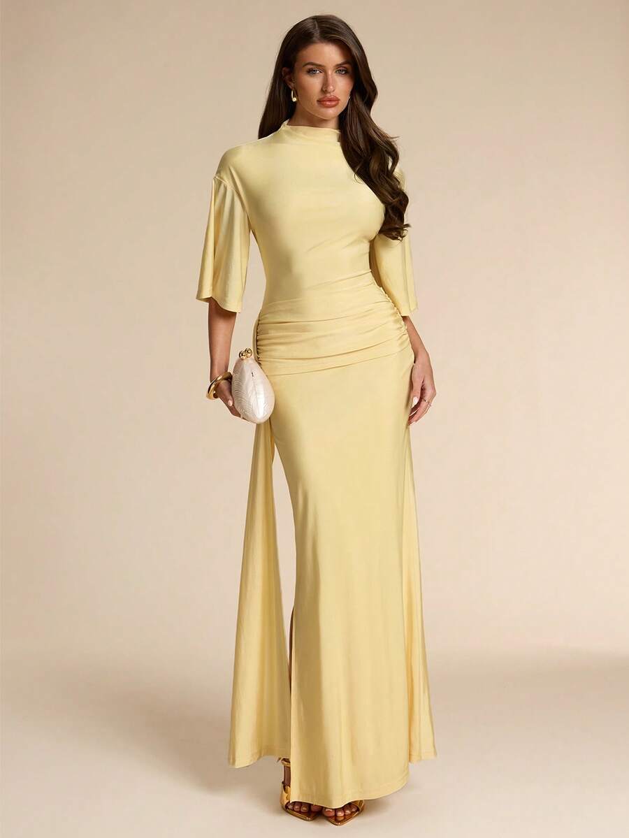 SHEIN BAE Vestido de mujer de manga corta con cuello de tortuga, abertura lateral con lazo, color amarillo. Vestido elegante, ideal para vacaciones, dama de honor, fiesta de cumpleaños, regreso a clases/graduación. - Amarillo - Ver 1