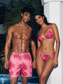 Manfinity Swimmode 夏季假期男士淺粉色印花沙灘短褲，休閒度假夏威夷熱帶泳褲，適合女性情侶泳池度假 - 紅色 - 查看 2