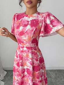 Elenzga Vestido elegante y romántico para mujer con cuello redondo, mangas con volantes y cintura ceñida, con estampado digital - Multicolor - Ver 7