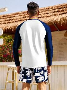 Manfinity KASUA 2pcs/Set Men's Contrast Color Print Round Neck Long Sleeve Top And Printed Shorts, Holiday - Multicolor - View 2