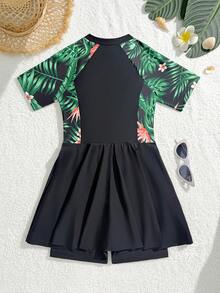 SHEIN 2026款少女连体泳衣，黑色碎花印花，时尚、优雅、活泼，适合游泳、海滩、泳池、拍照、送礼 - 黑色 - 查看 2