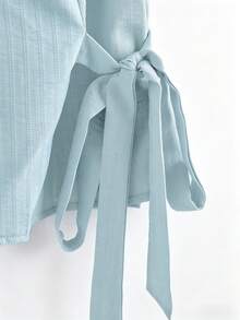 Plus Size Striped Jacquard Linen-Like Short Sleeve Square Neck Casual Blouse For Women, Spring/Summer - Baby Blue - View 3