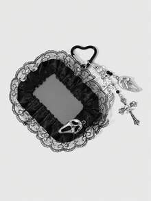 ROMWE Goth 1個Y2k復古時尚甜酷辣妹個性化龐克暗黑風哥德式黑紅細樹脂圓珠手工串珠蝴蝶結CCB圓珠古銀滴油劍穿心火焰皇冠愛心金字塔四角形骷髏十字惡魔翅膀尖叫鬼臉黑色鏤空蕾絲網格百褶蕾絲壓克力卡片卡套校園卡身分證卡套星卡卡套產業卡套DIY鑰匙圈包包吊飾，適合上班族學生派對情侶姐妹女友 - 黑色-16 - 查看 19