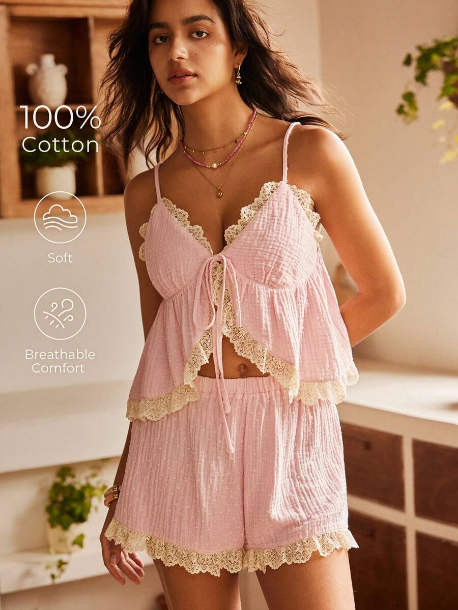 Đồ ngủ gợi cảm phong cách Bohemian cho kỳ nghỉ, bộ áo hai dây và quần short cotton khoét eo dành cho nữ. - Hồng - Xem 1