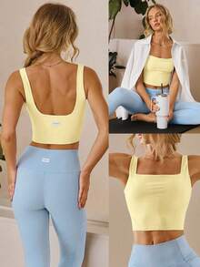 GLOWMODE FeatherFit™ Ribbed Flex Soft Square Neck Sports Bra Low Impact Yoga Pilates Studio Daily Casual Wear Removable Cups Fall Winter - French Vanilla - View 8