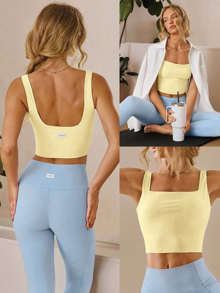 FeatherFit™ Ribbed Flex Soft Square Neck Sports Bra Low Impact Yoga Pilates Studio Daily Casual Wear Removable Cups Fall Winter