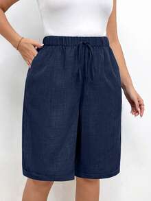 EMERY ROSE Pantalones cortos casuales de verano versátiles de talla grande, de unicolor, con cintura elástica y cordón, con bolsillos - Azul Marino - Ver 7