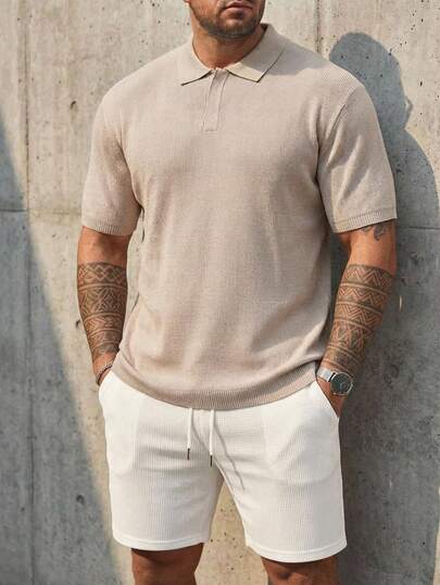 DAZY Plus Size Men's White Polo Neck Short Sleeve Knit Top