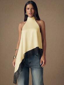 Top de satén con parches de encaje y espalda descubierta, elegante y apropiado para fiestas, cócteles, ocasiones formales, Navidad y vestimenta casual de negocios - Amarillo 2 - Ver 4