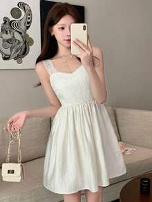 DAZY Women's Waist Cinched Flared White Mini Dress, Spring & Summer - White - View 10