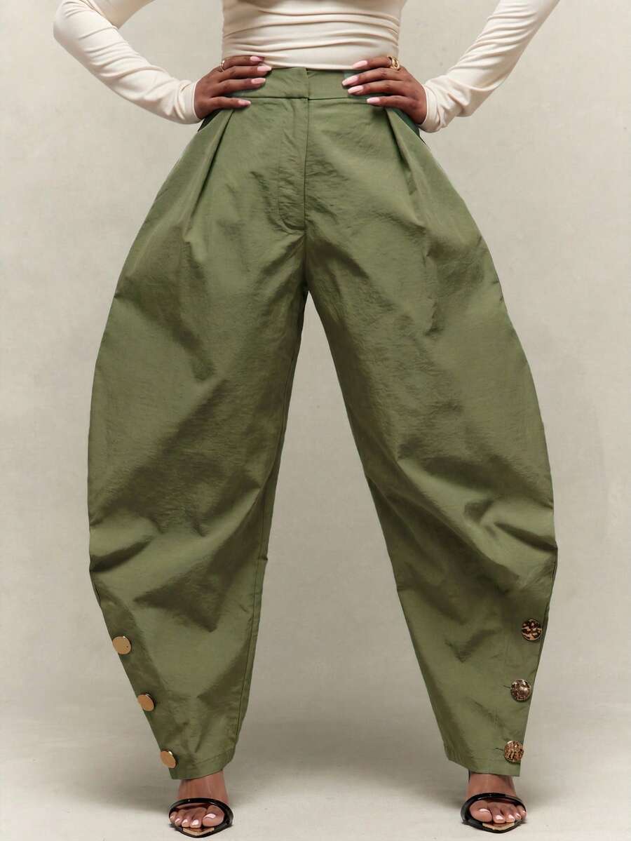 Vixey High Waist Pleated Barrel Leg Gold Button Trim Pants - Olive Green - View 1