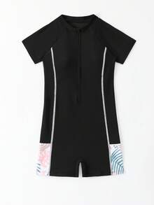 SHEIN Tween Girl Tropical Print Front Zipper Raglan Sleeve One-Piece Swimsuit With Shorts, Suitable For Swimming, Surfing, Diving, Beach Sports - Multicolor - View 5