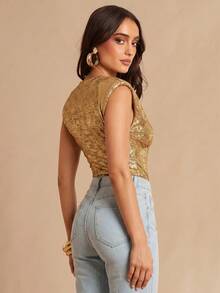 Silquee Body femme à col V profond avec imprimé feuille d'or, style plage d'été métallique des années 70, tenue élégante et stylée à larges épaules pour soirée et sortie - Doré - Voir 2