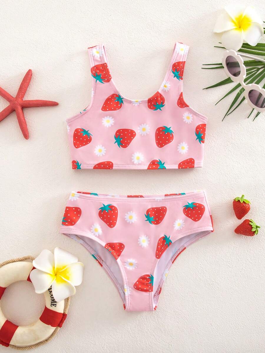 SHEIN Young Girl Strawberry & Floral Print Round Neck Tankini Bikini Set Set - Pink - View 1