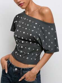 Maija Damen T-Shirt mit asymmetrischen Fledermausärmeln, Nieten und Designdetails - Kaffeebraun - Übersicht 7