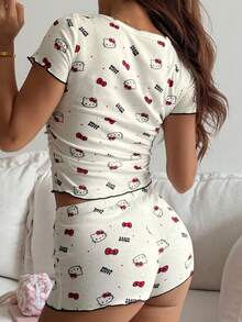 HELLO KITTY | DAZY 女款字母與卡通印花上衣短褲休閒家居睡衣套裝 夏季 - 白色 - 查看 2