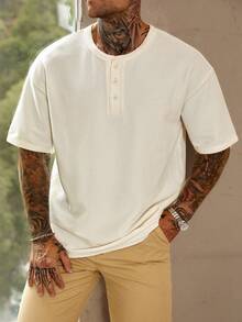 DAZY White Ribbed Fabric Half-Zip Design Short Sleeve T-Shirt For Men Summer - White - View 7