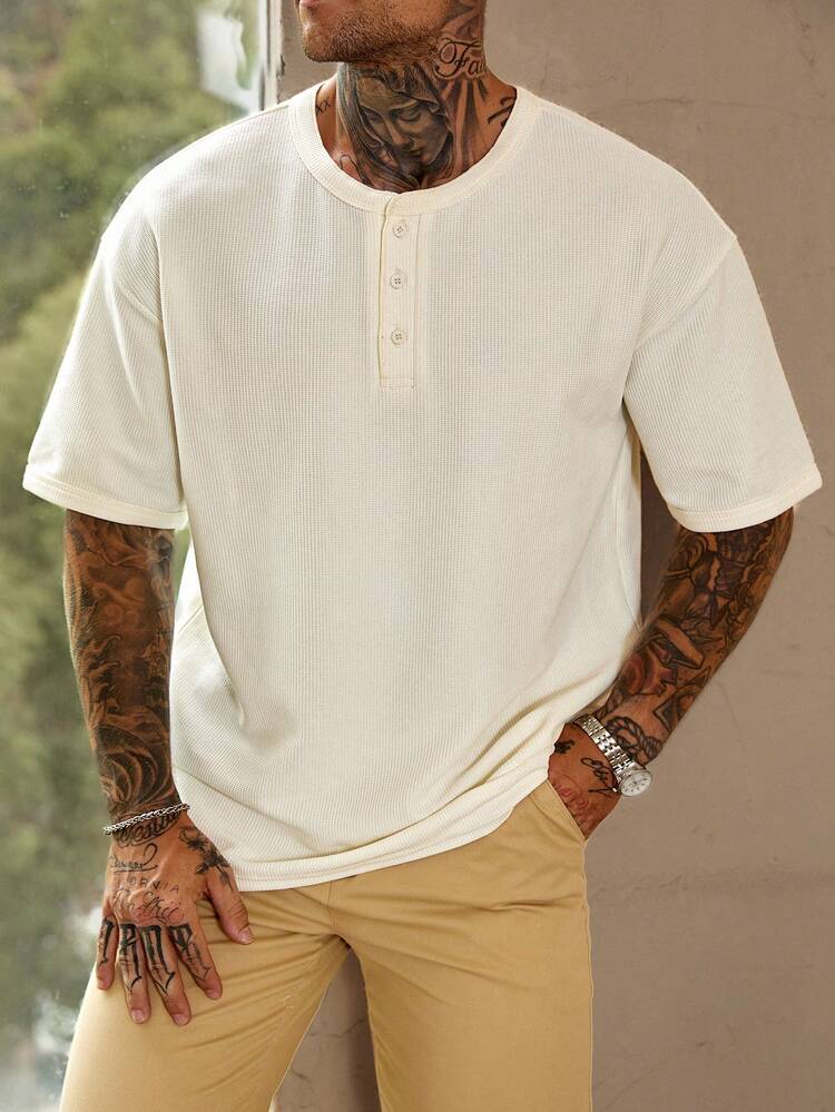White Ribbed Fabric Half-Zip Design Short Sleeve T-Shirt For Men
