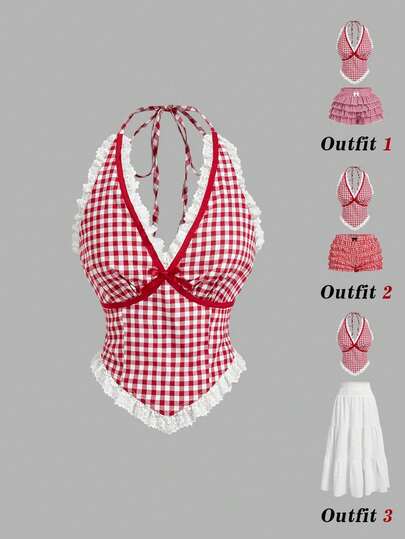 SHEIN MOD 女士红白格子荷叶边露背上衣