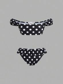 SHEIN MOD 复古波点夏季时尚沙滩比基尼套装 - 黑色 - 查看 4