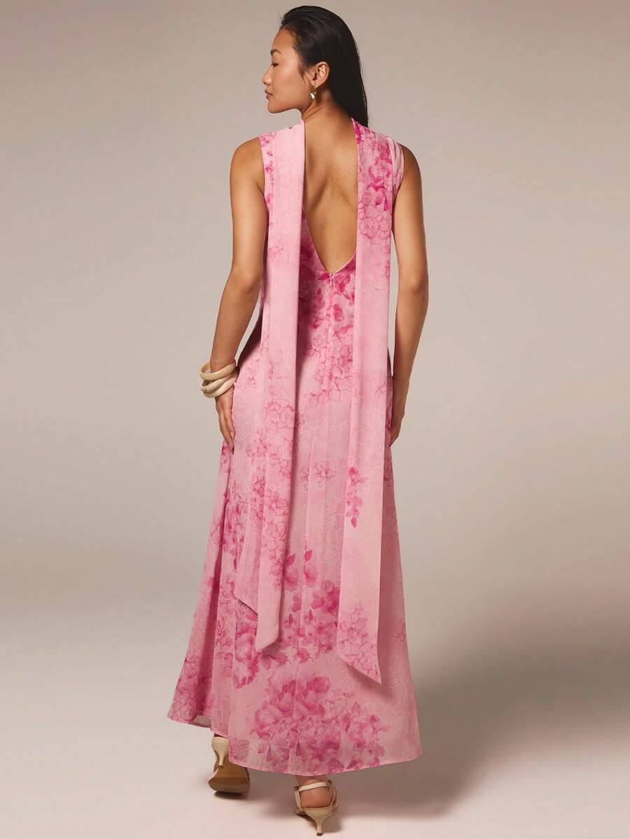 COSMINA Women's Elegant Floral Print Ruffle Hem Long Dress, Suitable For Spring, Vacation, Wedding Guest, Chinese Style Cheongsam Evening Dresses - Pink - View 1