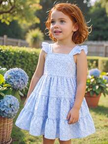 Souflis Souflis Girls Ruffle Strap Tiered Sundress, Square Neck Sleeveless Dress In Blue Woven Jacquard Fabric, Stitched Panel Hem Design - Baby Blue - View 4