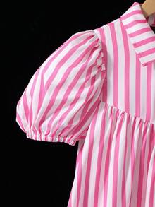 Girls' Short-Sleeved Pink And White Striped Summer Cute Birthday Dress,V-Neckline Ruched Puff Sleeves Lining Casual Parties Formal Events - Pink - View 4