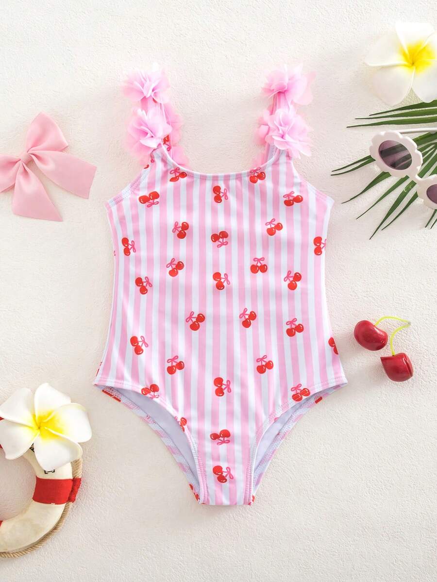 SHEIN Young Girl Cherry Striped Print Decorated One-Piece Swimwear, Beach & Resort Style - Red and White - View 1