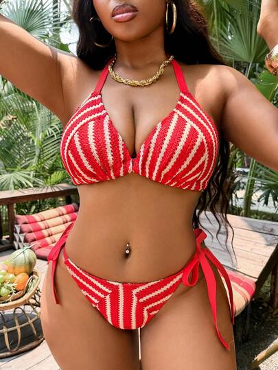 Slaydiva Bộ bikini dây buộc cổ kẻ sọc cỡ lớn dành cho kỳ nghỉ hè trên bãi biển