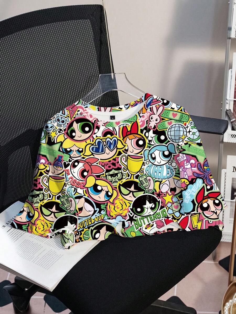 THE POWERPUFF GIRLS X SHEIN 女士可爱卡通图案印花短款圆领T恤 - - 白色 - 查看 1