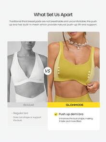 GLOWMODE FeatherFit™-Sculpt Push-Up Compressive Built-In Mesh Straps Removable Cups V-Back Demi Sports Bra Running Workout Gym - Sunlit Yellow - View 2