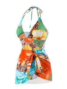 Swim Lushoire Urlaubsessentiell Tropisches Muster Neckholder Badeanzug-Kleid, asymmetrischer Rock mit Wickeltaille Ein-Teiler Badeanzug, bescheidene Strandbekleidung - Verschiedenfarbig - Übersicht 8