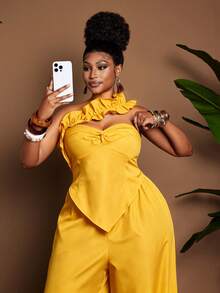 Maweii Plus Size Retro Sexy Black Ruffle Bandeau Waist Wide Leg Jumpsuit - Yellow - View 2