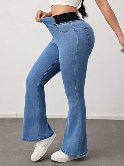 SHEIN PETITE Quần jeans nữ màu xanh dương dáng ôm ống loe, chất liệu denim co giãn tốt, thoải mái, thích hợp mặc đi làm mùa hè, phong cách quyến rũ.