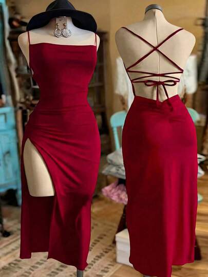 NostaNoir Vestido de verano con tirantes finos, espalda descubierta y abertura alta, talla grande y sexy