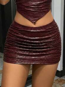 SHEIN ICON 女士纯色褶裥紧身裙 - 酒紅色 - 查看 3