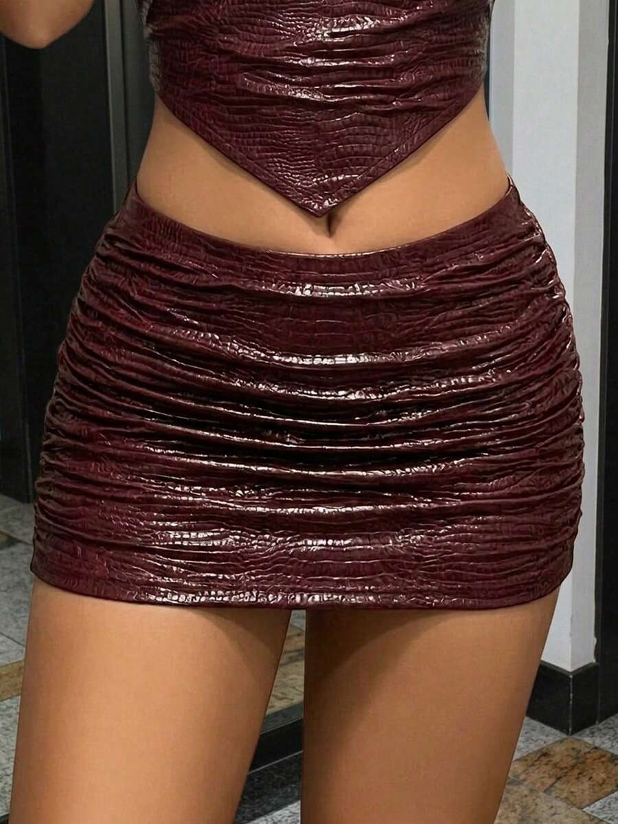 SHEIN ICON Falda ajustado plisada de unicolor para mujer - Burdeos - Ver 1