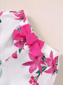 Elladie kids 少女實色露肩上衣和花卉印花短褲休閒度假2件套裝，適用於春夏 - 彩色 - 查看 4