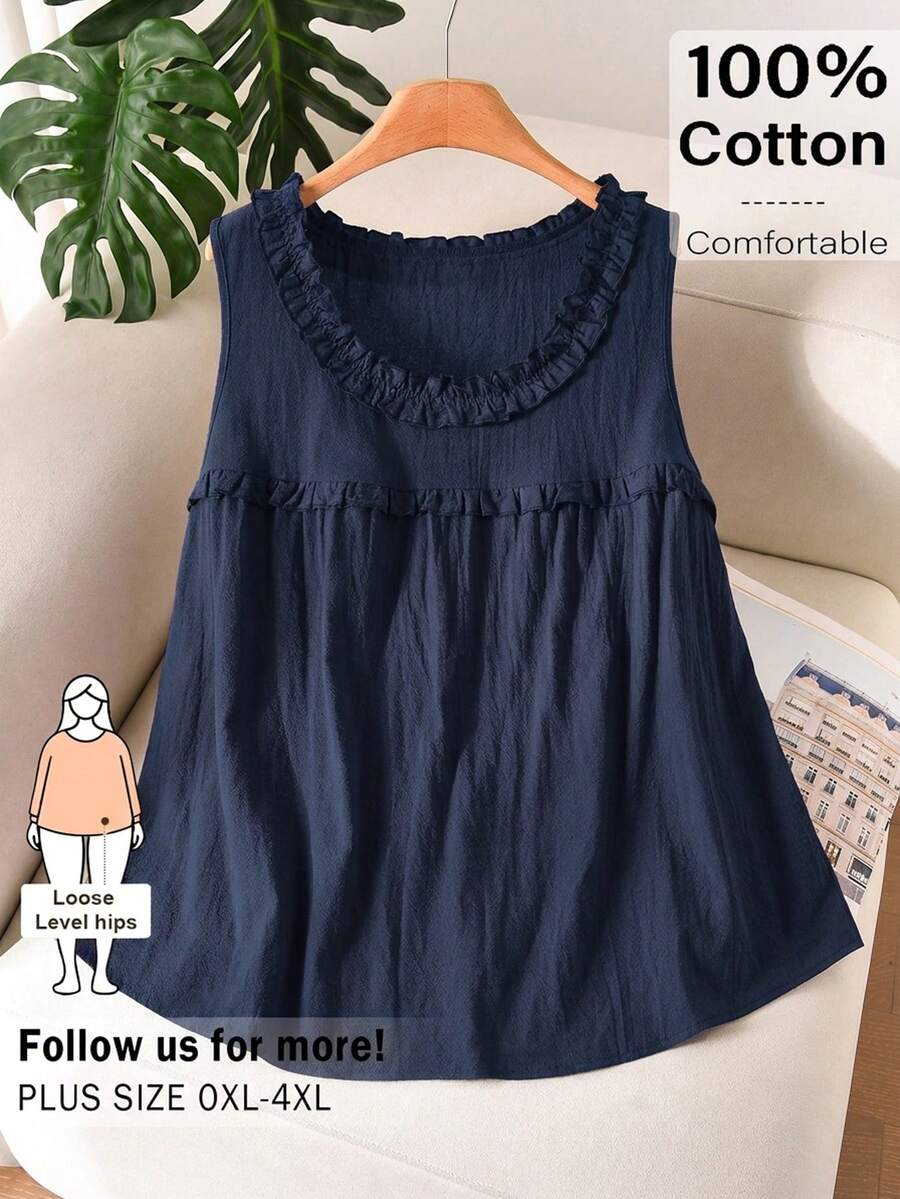 CosyJoli Plus Size Casual Solid Color Frill Trim Tank Top, Summer - Royal Blue - View 1