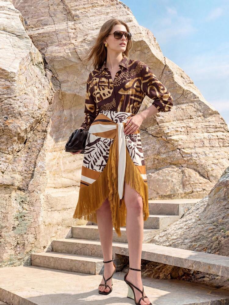 WOMEN'S PRINTED TASSEL HEM MIDI SKIRT, SPRING/SUMMER