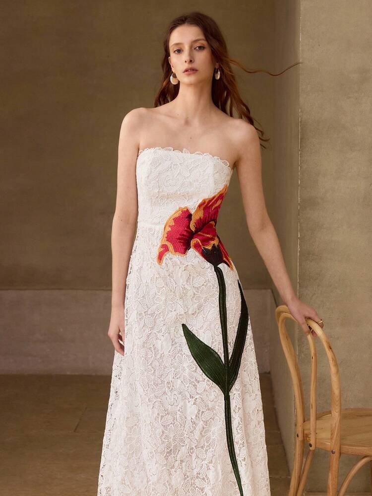 WOMEN'S GUIPURE LACE ROMANTIC FLORAL EMBROIDERED TUBE DRESS