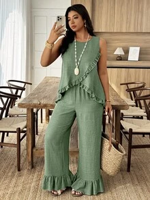 Weeklong Conjunto de 2 piezas para mujer talla grande con top suelto sin mangas de cuello redondo con ribete de volantes y pantalones de pierna recta, adecuado para vacaciones y uso diario, primavera/verano - Verde - Ver 4