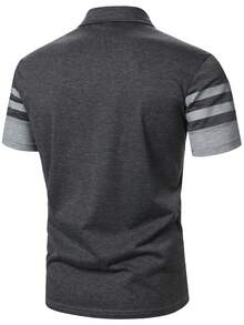 Manfinity Homme 男士休閒日常通勤拼色條紋印花短袖 Polo 衫，夏季，正式 - 彩色 - 查看 2