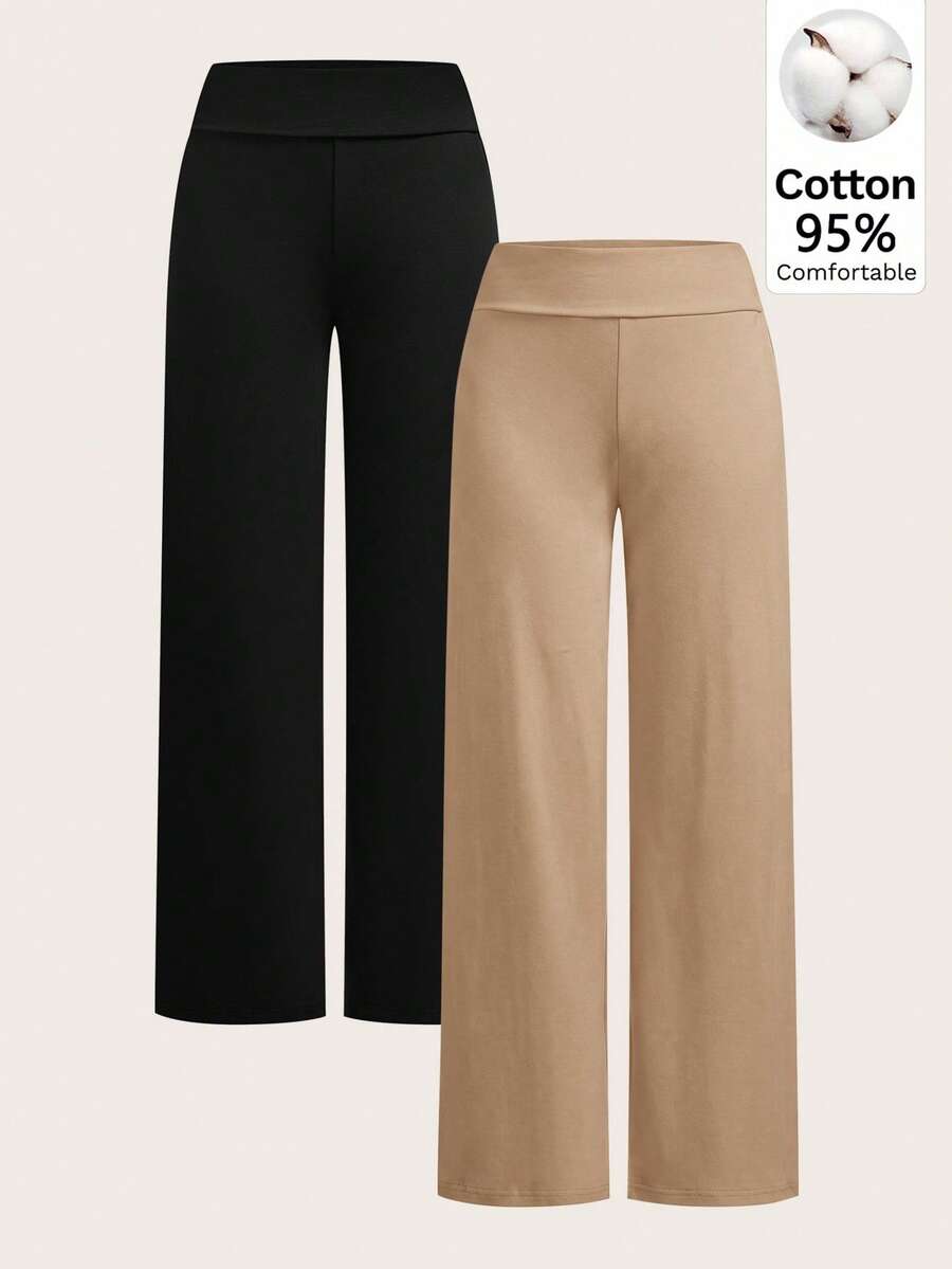 SHEIN EZwear 女款休閒高腰摺疊寬腿直筒長褲,春夏秋冬日常健身運動穿搭,黑色卡其色 - 彩色 - 查看 1