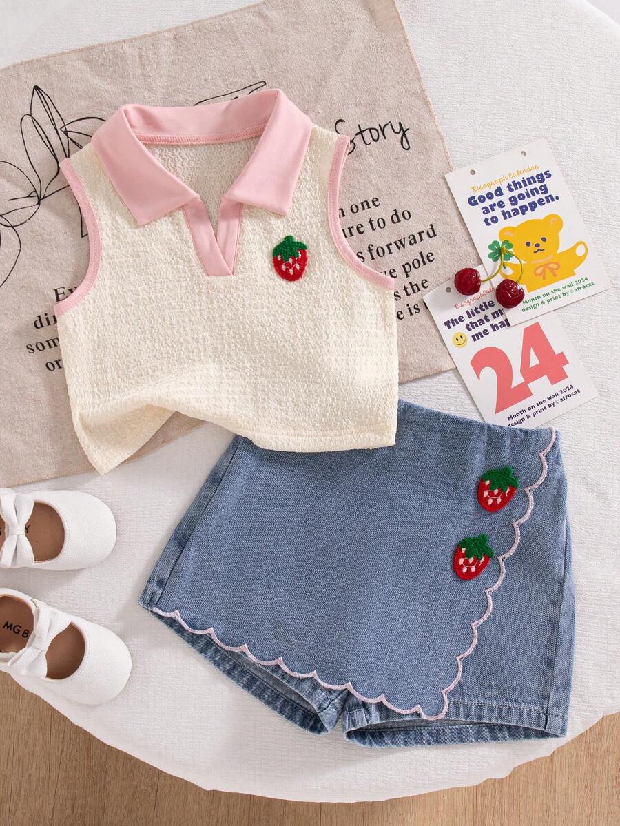 Genkimix Kids 2件套女童夏季新款杏色纹理针织面料领子拼接草莓3D装饰背心上衣和牛仔短裙,荷叶边下摆草莓刺绣复古可爱套装 - 粉色 - 查看 1