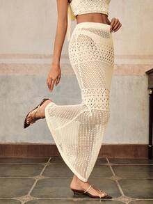Anewsta Women's Sexy Beach Vacation Style Knitted Hollow Out Cover-Up Skirt Set Beige Summer - Apricot - View 6