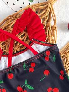 SHEIN Vintaside Kids Baju Renang Terusan Bayi Motif Cherry dengan Hiasan Ruffle, Potongan Kasual untuk Liburan dan Santai - Hitam - View 3