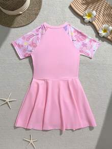 SHEIN 少女夏季休闲碎花连体泳衣 - 淺粉色 - 查看 2