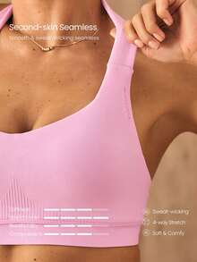 GLOWMODE Ultrafine Soft Seamless Halo Ribbed Support Open Back Thick Straps Halter Sports Bra With Removable Cups Workout Gym - Pink - View 7