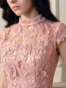 Anewsta Áo croptop nữ không tay cổ ren màu xanh hải quân thanh lịch, gợi cảm, khoét lỗ - Hồng - Xem 1